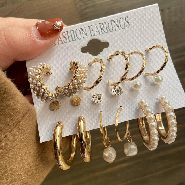 Aferando Gold Plated Earring Combo Set Pack of Nine Hoops and