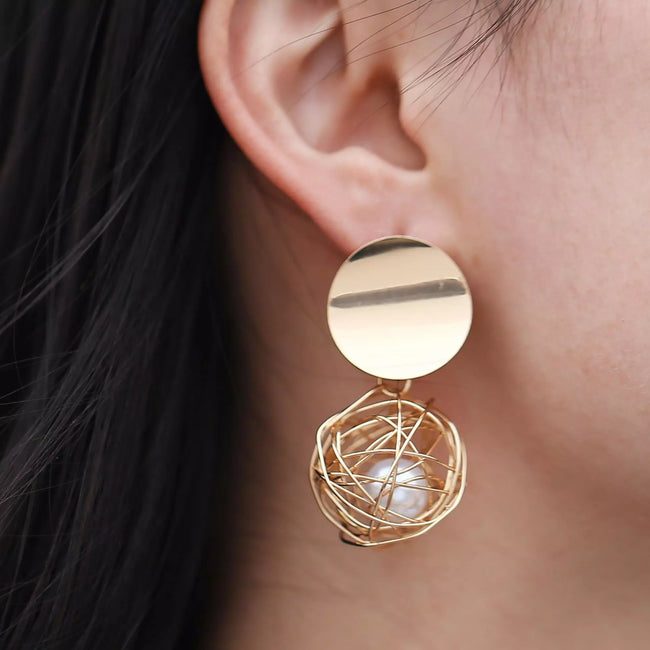 Aferando Geometric Hollow Irregular Weave Ball Pearl Drop Earrings For Women
