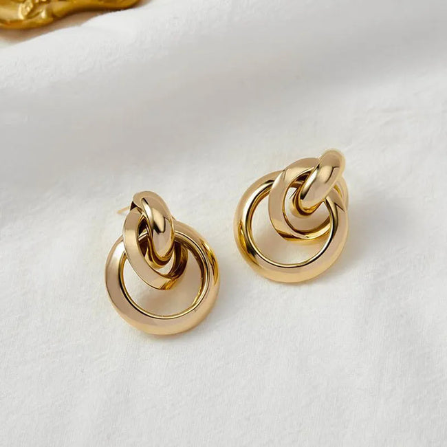 Aferando Gold Plated Elegant Geometric Knotted Multi-Circle Stud Earrings for Women, unique knot design, sophisticated, luxurious