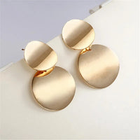 Aferando Gold Plated Geometric Double Round Huggie Disc Metal Dangle Earrings, modern and stylish Korean inspired jewelry for women.