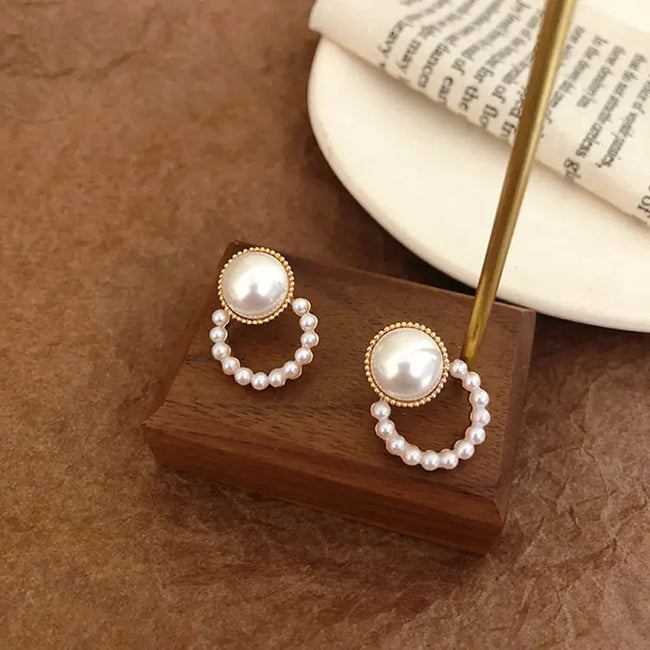 Black Enamel Pearl Flower Stud Earrings