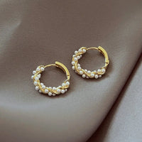 Aferando Gold Plated Korean Style Vintage Pearl Twist Hoop Earrings for Women