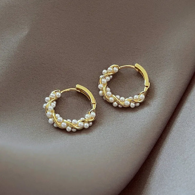 Aferando Gold Plated Korean Style Vintage Pearl Twist Hoop Earrings for Women