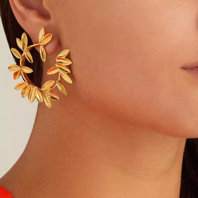 Aferando Gold Plated Leaf Leaves Metal Flower Stud Earrings for Women