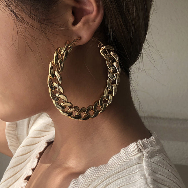 Gold color large size metal chain hoop earring for girls and women