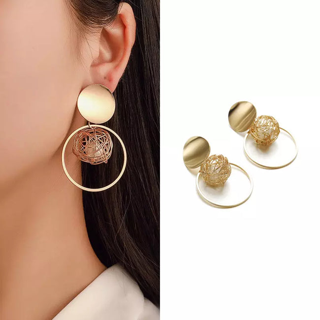 Aferando Gold Plated Metal Ring Hollow Irregular Weave Ball Pearl Drop Earring For Women