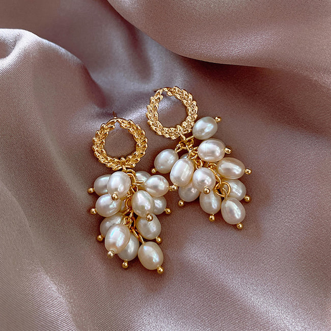 Gold Plated Pearl Grape Bunch Tassel Long Earrings For Women