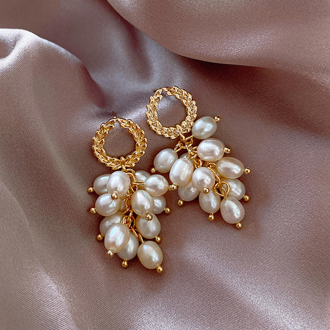 Aferando Gold Plated Pearl Grape Bunch Tassel Long Earrings for Women