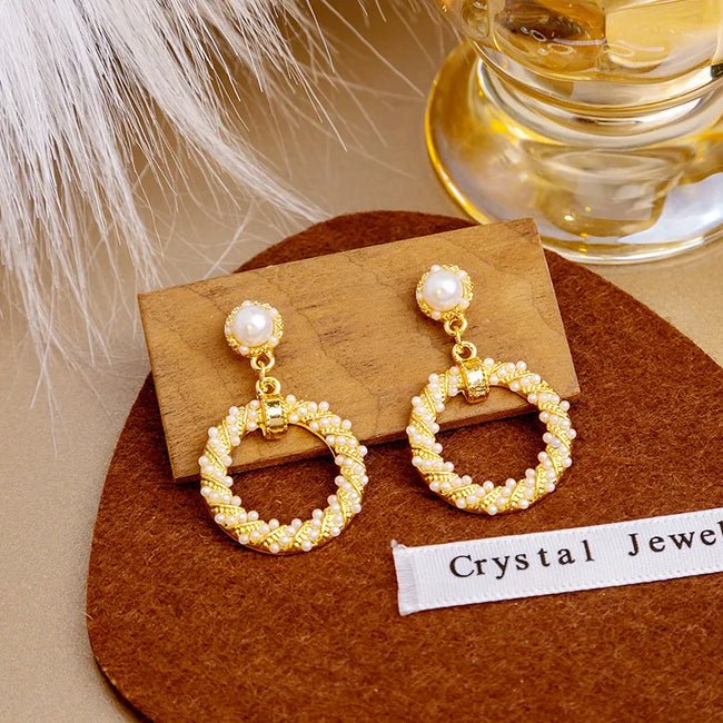 Aferando Gold Plated Pearl Huggie Round Drop Dangle Statement Earrings for Women