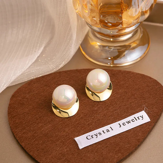 Aferando Gold Plated Round Disc Big Pearl Stud Earrings for Women