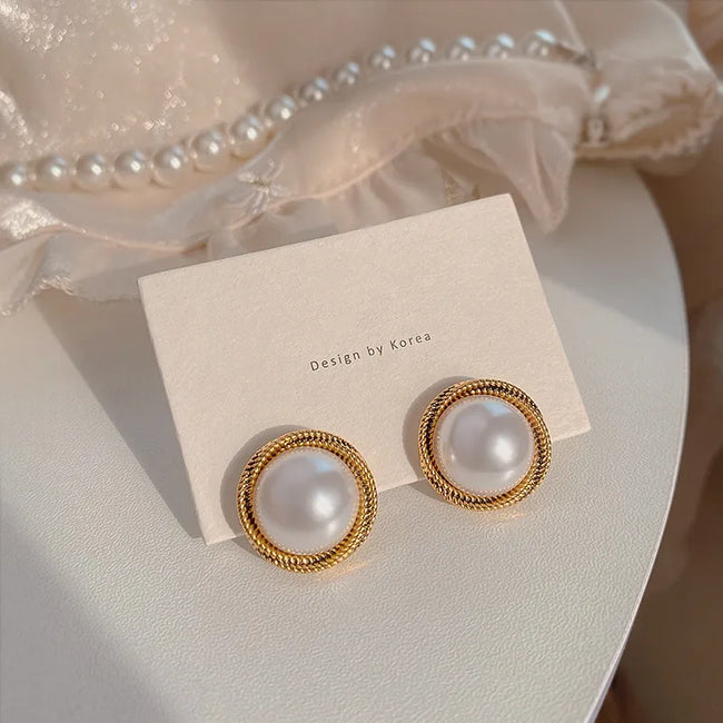 Aferando Gold Plated Round Pearl Stud Earrings, Classy & Elegant Design for Women