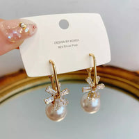 Gold Plated Round Pearl Snowflake Drop Earrings for Women - Unique Pearl and Rhinestone Design