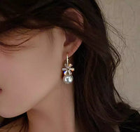 Gold Plated Round Pearl Snowflake Drop Earrings for Women - Unique Pearl and Rhinestone Design