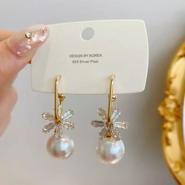 Gold Plated Round Pearl Snowflake Drop Earrings for Women - Unique Pearl and Rhinestone Design