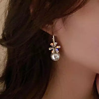 Gold Plated Round Pearl Snowflake Drop Earrings for Women - Unique Pearl and Rhinestone Design