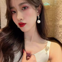 Aferando Gold Plated White Pearl Drop Earrings With Diamonds