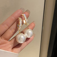 Aferando Gold Plated White Pearl Drop Earrings With Diamonds