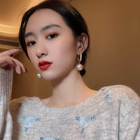 Aferando Gold Plated White Pearl Drop Earrings With Diamonds