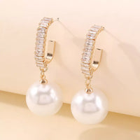 Aferando Gold Plated White Pearl Drop Earrings With Diamonds