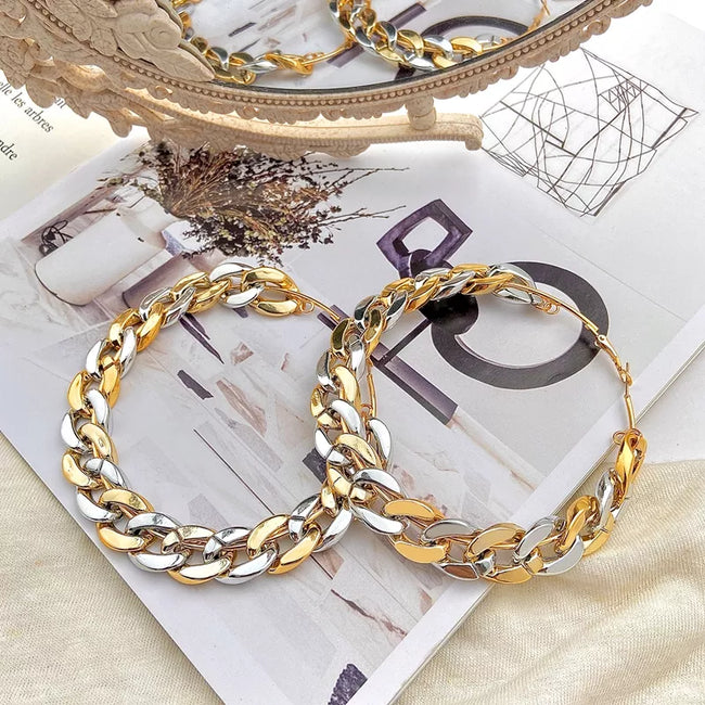 Aferando Gold and Silver Plated Metal Link Chain Large Hoop Earrings for Women
