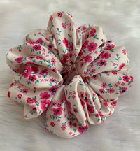 Aferando Premium Quality Pink Flower Printed Satin Hair Scrunchie XXL Size - Soft & Silky Hair Accessory For Women