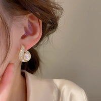 Elegant Gold Plated Irregular Rhinestone Fishtail Water Drops Stud Earring with Big Pearl for Women by Aferando