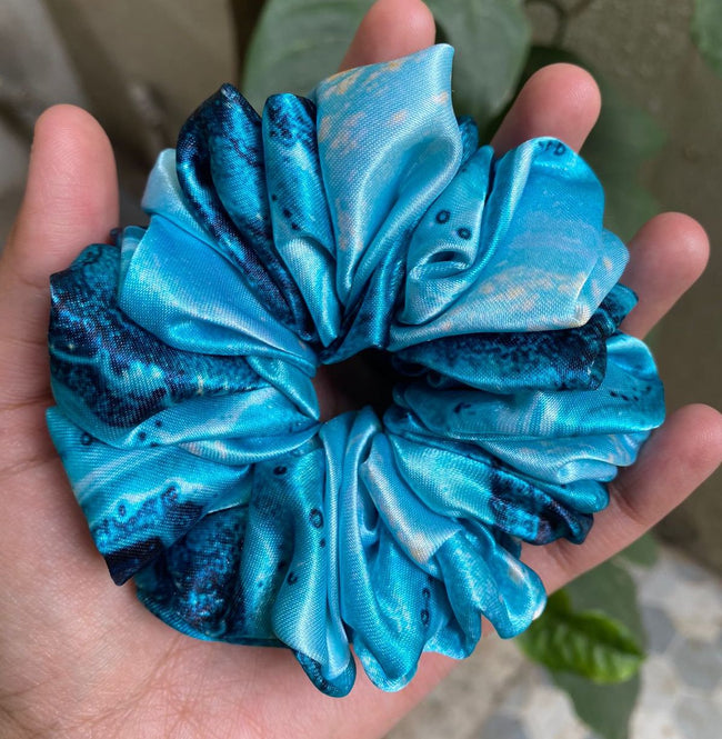 Blue Abstract Printed Satin Scrunchie for Hair - Regular Size Hair Accessory