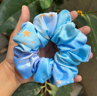 Blue Color Star Printed Premium Quality Satin Scrunchie