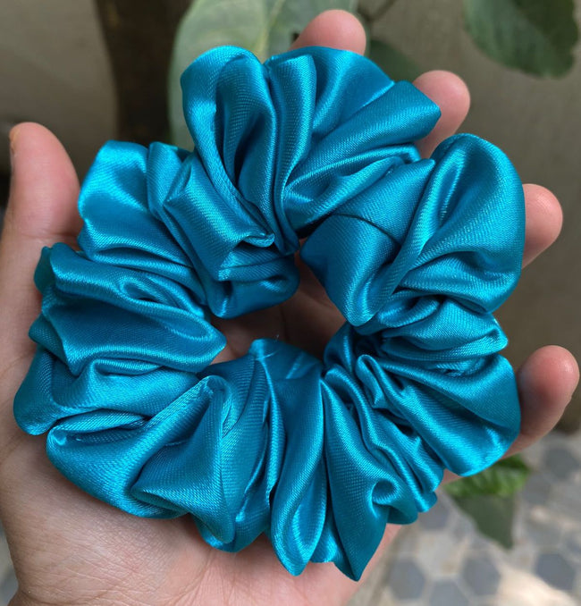 Blue Plain Satin Scrunchie for Hair
