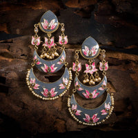 Hand Crafted Lotus Meenakari Chandbali Grey