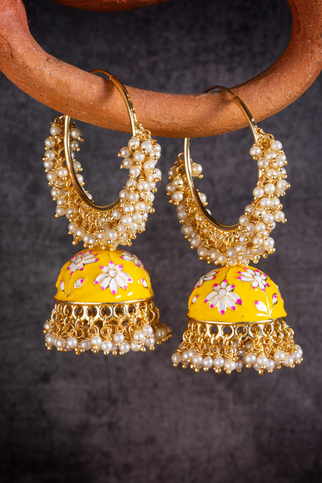 Alia Bhatt Inspired Gorgeous Pearl Meenakari Yellow Color Hoop Earring