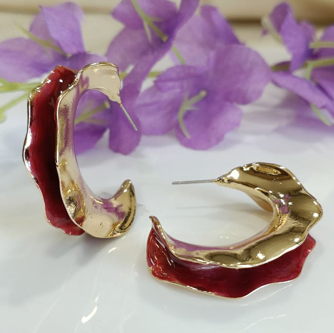 C Shaped Gold Plated Red Enamel Hoop Earrings