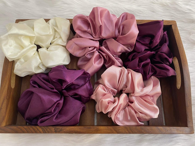 Combo Pack Of Five Large Satin Hair Scrunchies - Assorted Colors for Stylish Hair Accessorizing