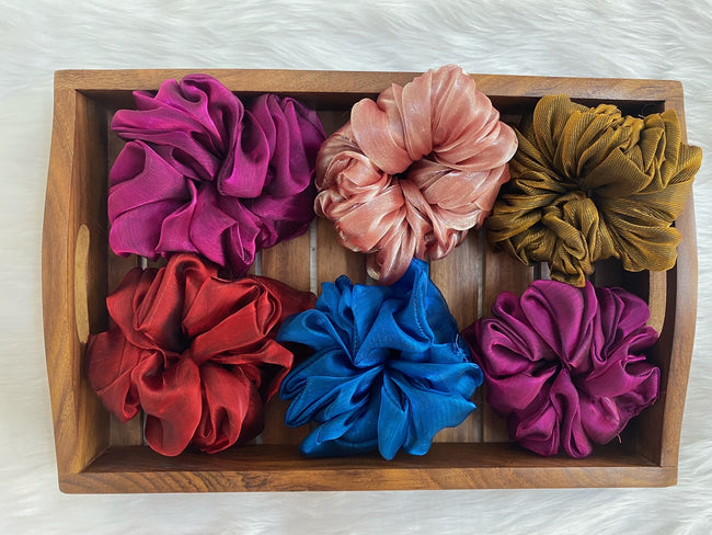 Combo Pack Of Six Large Organza Hair Scrunchies - Assorted Colors for Stylish Hair Accessorizing