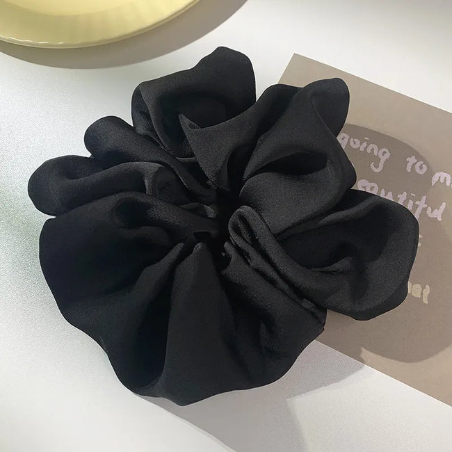 Elegant Black Color XXL Size Satin Hair Scrunchie - Delicate Touch for Any Hairstyle