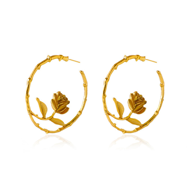 Gold Color Big Size Hoop Earring With Rose