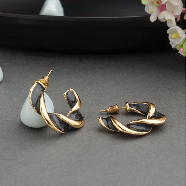 Gold Plated Black Enamel Artwork Twisted Style Hoops Earring