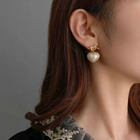 Gold Plated Cross Hook Heart-Shaped Pearl Drop Earrings