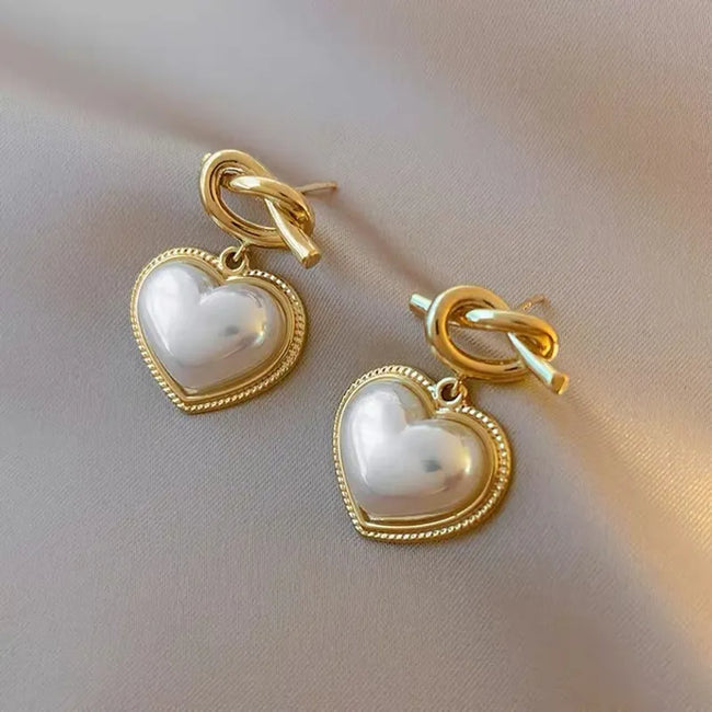 Gold Plated Cross Hook Heart-Shaped Pearl Drop Earrings