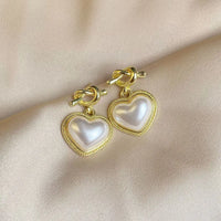 Gold Plated Cross Hook Heart-Shaped Pearl Drop Earrings