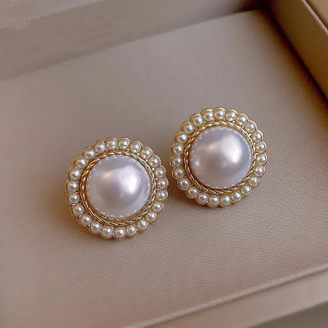 Gold Plated Elegant Pearl Round Stud Earrings for Women - Perfect for Casual and Formal Occasions