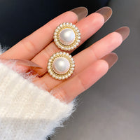Gold Plated Elegant Pearl Round Stud Earrings
