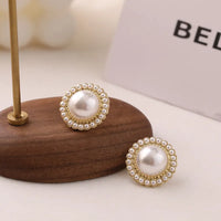 Gold Plated Elegant Pearl Round Stud Earrings for Women - Perfect for Casual and Formal Occasions