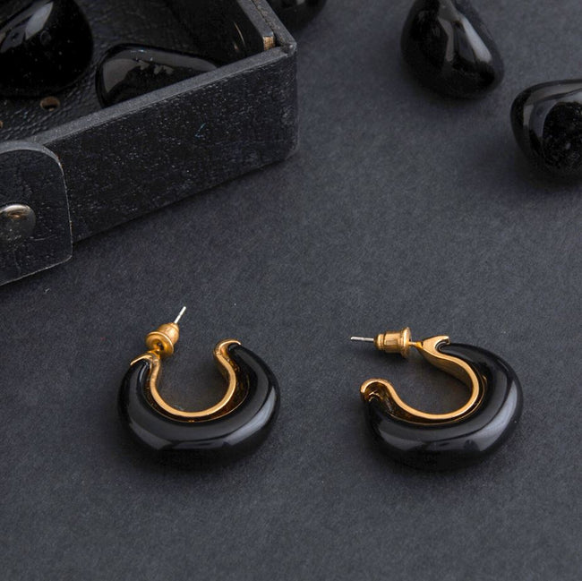 Gold Plated Geometric Shaped Black Acrylic Hoop Earring