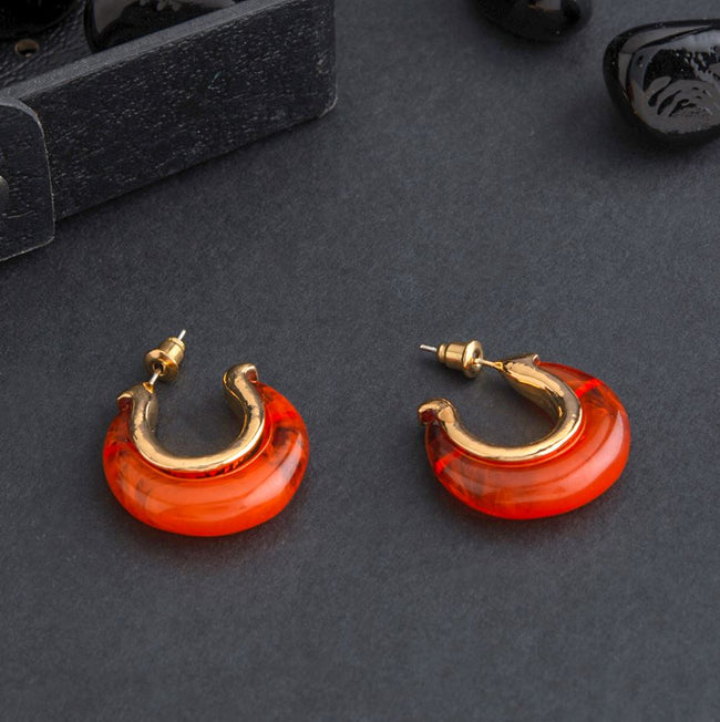 Gold Plated Geometric Shaped Orange Acrylic Hoop Earring