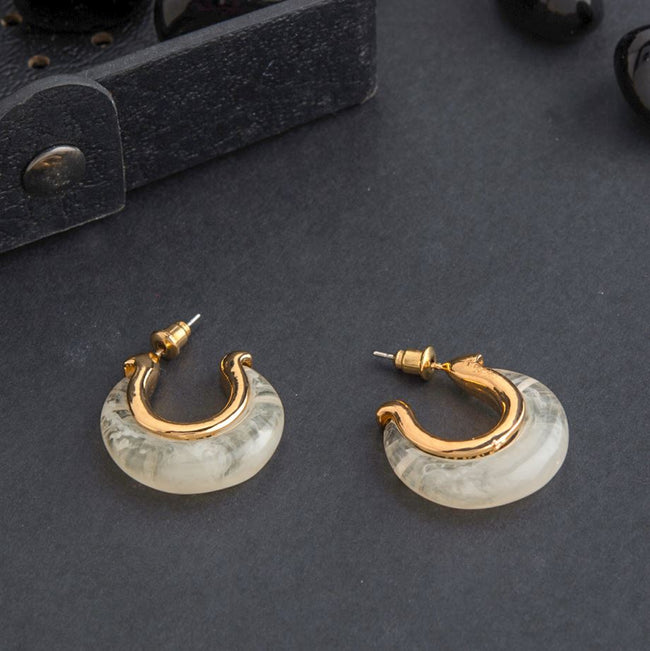 Gold Plated Geometric Shaped White Acrylic Hoop Earring