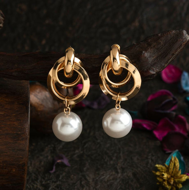 Gold Plated Interlinked Dual Round Shaped With Dangling Pearl Drop Earring