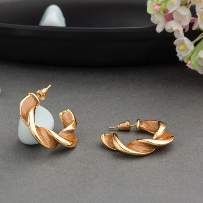 Gold Plated Light Brown Enamel Artwork Twisted Style Hoops Earring