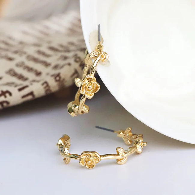 Gold Plated Retro C Shape Flower Hoop Earrings for Women by Aferando - Unique and Stylish Design