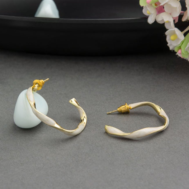 Gold Plated Twisted Style White Enamel Artwork Hoops Earring